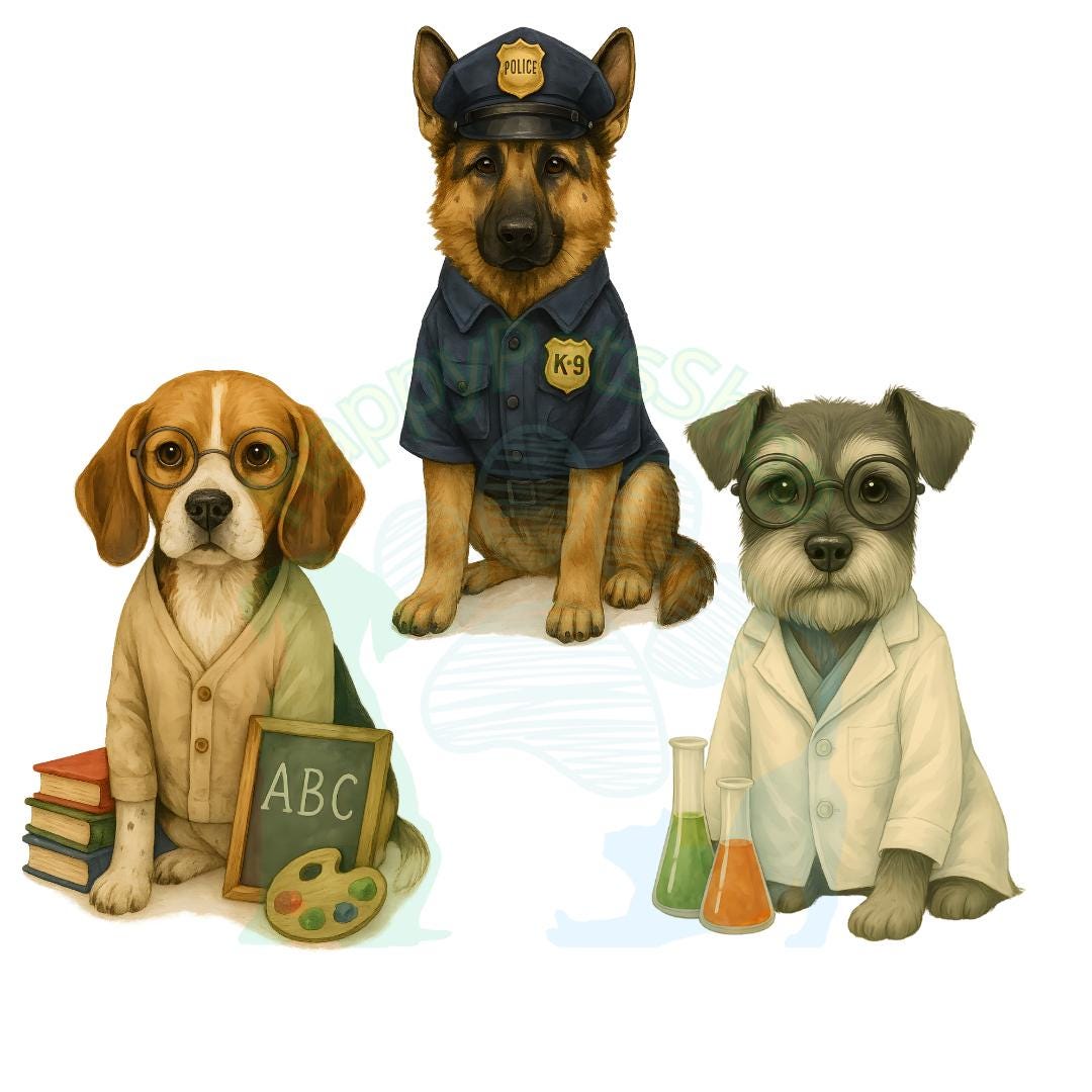 14 Watercolor Dog Professions Clipart Bundle - | Dog Illustration Wall Art | Teacher, firefighter, Astronaut, scientist, gardener, cheff