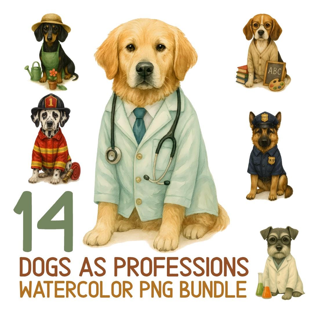14 Watercolor Dog Professions Clipart Bundle - | Dog Illustration Wall Art | Teacher, firefighter, Astronaut, scientist, gardener, cheff