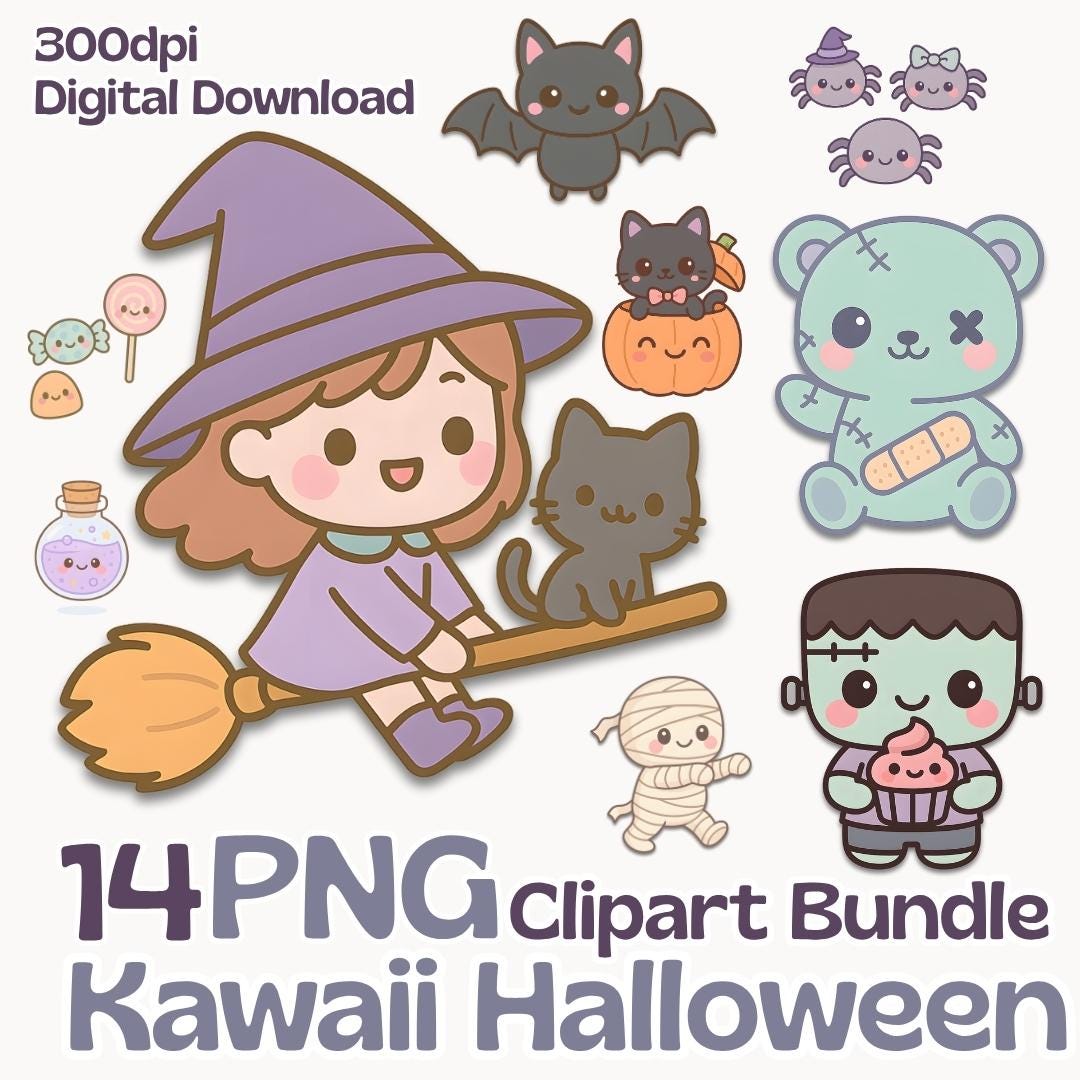 Chibi Kawaii Pastel Halloween Clipart Bundle for DIY Crafts β Ghost, Witch, Bat, Candy & More β High-Quality PNG Images