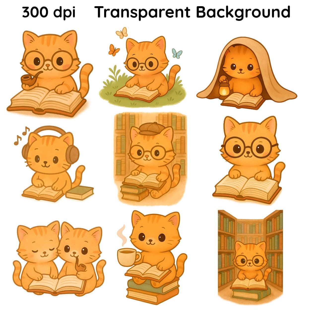 Pastel Watercolor Cat Clipart Bundle – Cozy Book Lover PNGs – Cute Reading Cat Illustrations, books, shelf, coffee, library, sofa