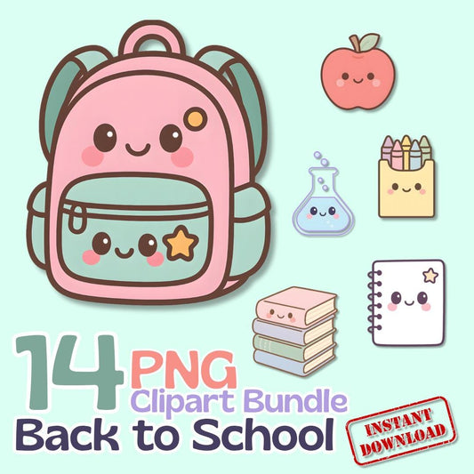 Pastel Back to School Clipart Bundle – 14 Cute PNGs for Teachers, notebook, clip, rubber, ruler, crayons, books, apple, chemical, backpack