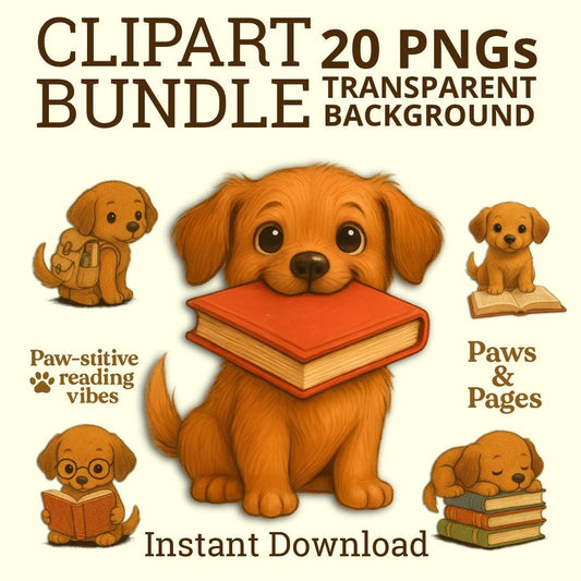 Cozy Dog & Books Clipart Bundle, Cute Dog Reading Quotes PNG, Watercolor Pet Book Designs, shelf, chair, blanket, coffee mug, dog tag