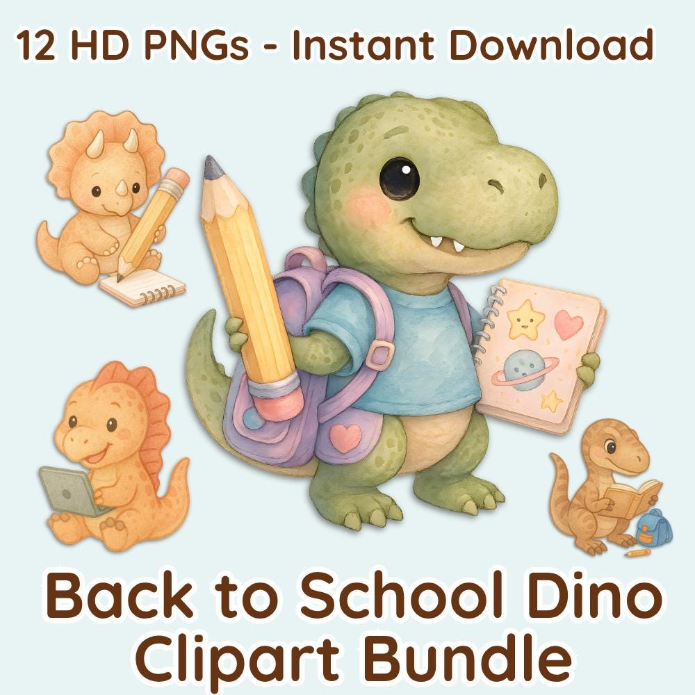 Back to School Dinosaur Clipart – Pastel Watercolor Cute Dinos Bundle – Student PNG Illustrations for Teachers, Crafts, Kids, Classroom Use
