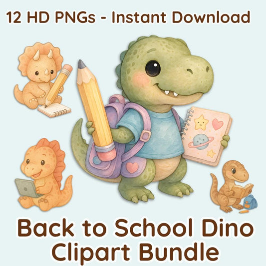 Back to School Dinosaur Clipart – Pastel Watercolor Cute Dinos Bundle – Student PNG Illustrations for Teachers, Crafts, Kids, Classroom Use