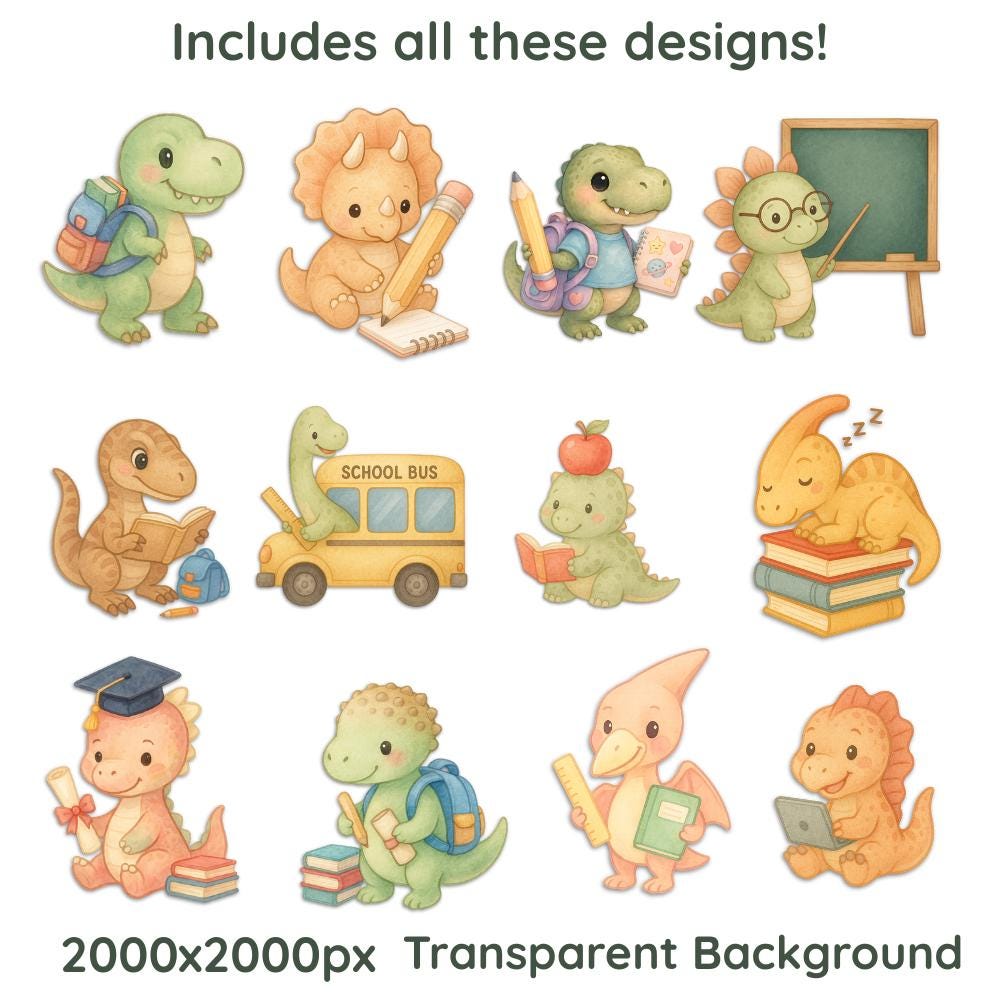 Back to School Dinosaur Clipart – Pastel Watercolor Cute Dinos Bundle – Student PNG Illustrations for Teachers, Crafts, Kids, Classroom Use