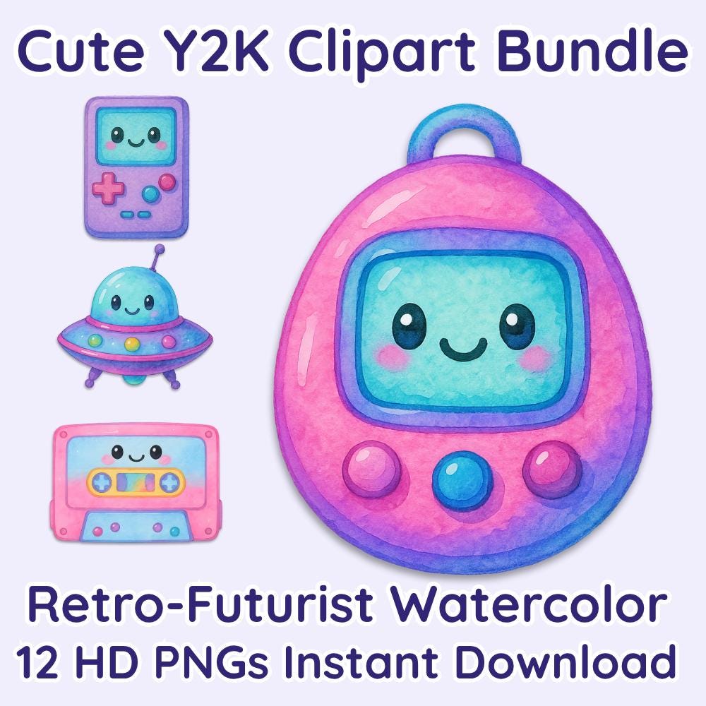 Y2K Watercolor Clipart Bundle – Cute Retro Aesthetic PNGs, Coquette & Chibi Style Stickers, 90s Pastel Art for Scrapbooking