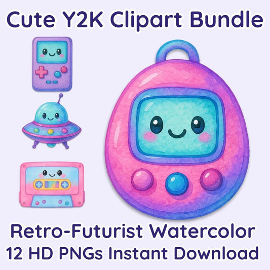 Y2K Watercolor Clipart Bundle – Cute Retro Aesthetic PNGs, Coquette & Chibi Style Stickers, 90s Pastel Art for Scrapbooking