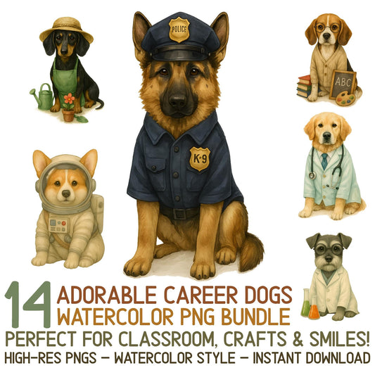 Whimsical Watercolor Dogs in Professions Bundle - Perfect for Wall Art!