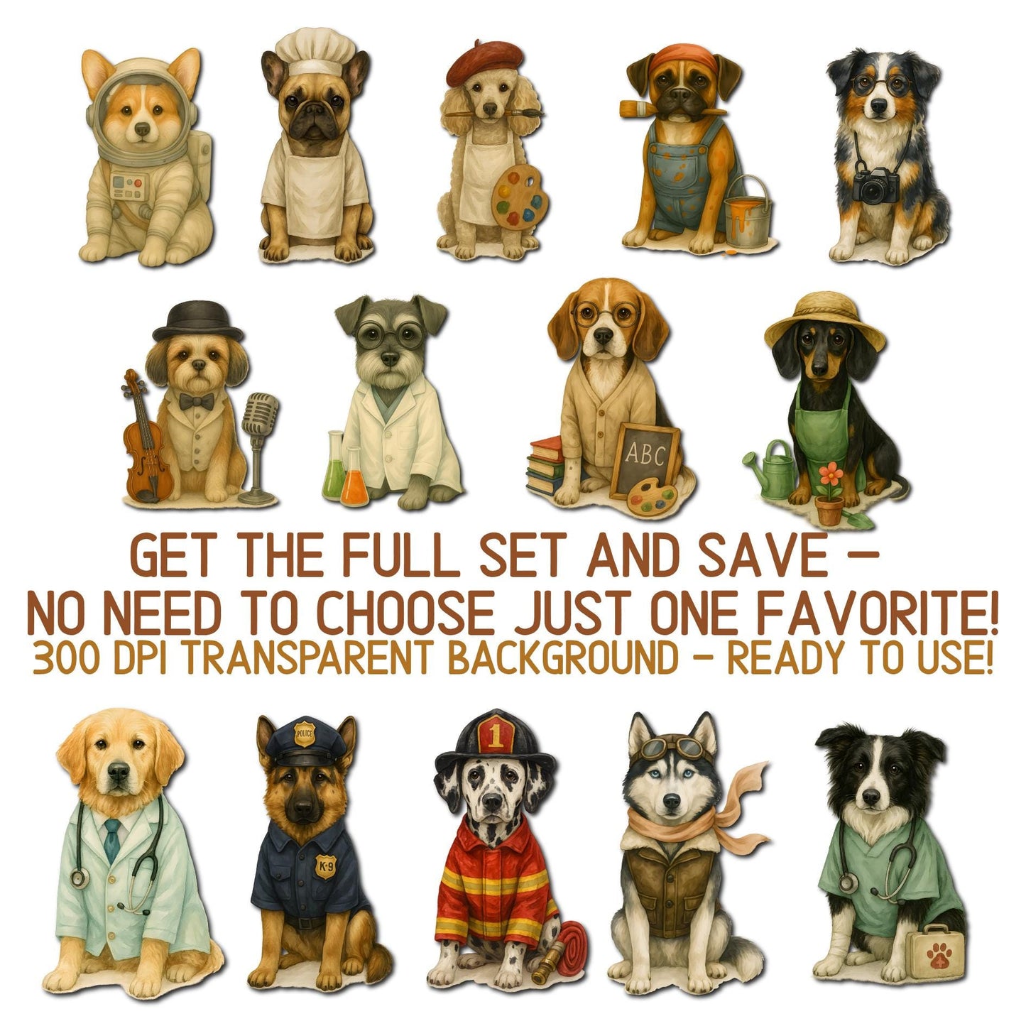 Whimsical Watercolor Dogs in Professions Bundle - Perfect for Wall Art!