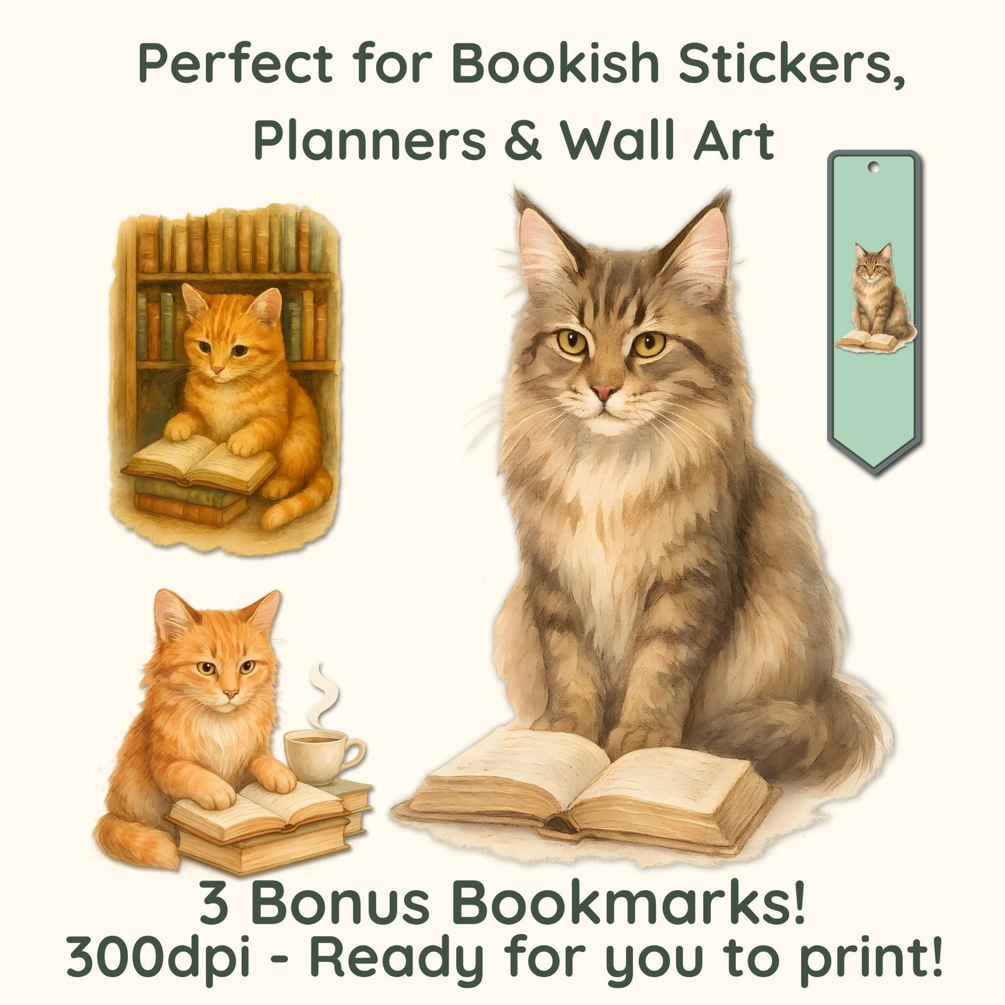 Watercolor Reading Cats Clipart Bundle – 12 Realistic Cat Illustrations + 3 Bonus Bookmarks | 300 DPI PNG | Cozy Bookish Aesthetic