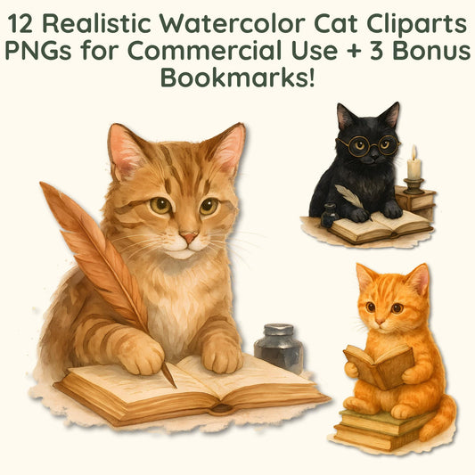 Watercolor Reading Cats Clipart Bundle – 12 Realistic Cat Illustrations + 3 Bonus Bookmarks | 300 DPI PNG | Cozy Bookish Aesthetic
