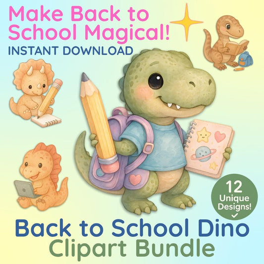 Cute Watercolor Dinosaur School Clipart Bundle PNG | Kawaii Pastel Dinosaur Back to School Illustration Art Set Ready to Print
