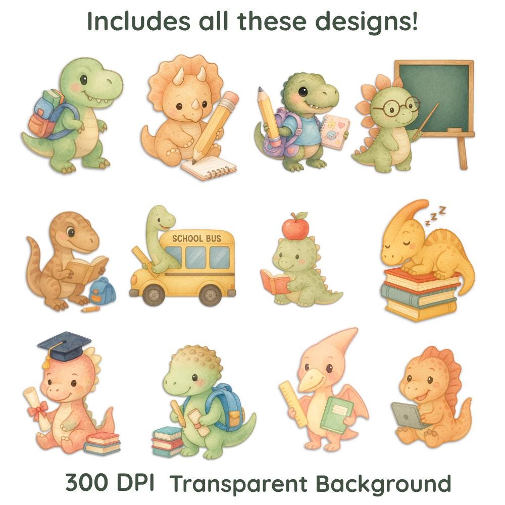 Cute Watercolor Dinosaur School Clipart Bundle PNG | Kawaii Pastel Dinosaur Back to School Illustration Art Set Ready to Print