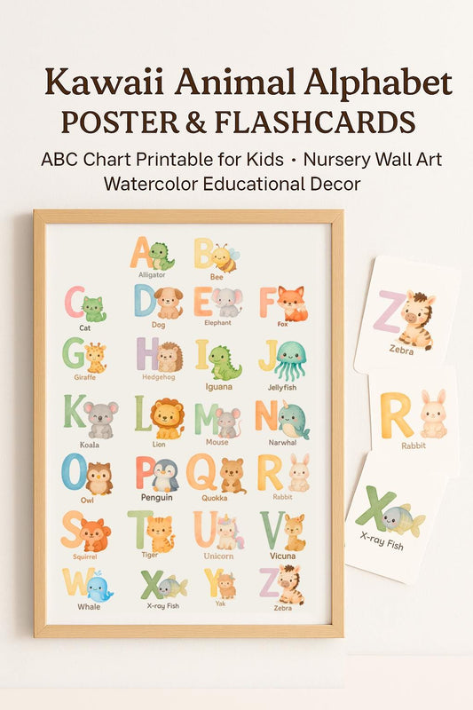 Kawaii Animal Alphabet Poster & Flashcards – ABC Chart Printable for Kids – Nursery Wall Art – Watercolor Educational Decor