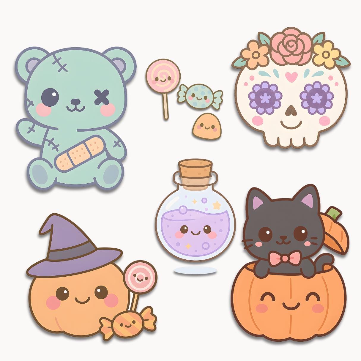 Pastel Goth Halloween Clipart Bundle – 15 Illustration PNGs with ghost, mummy, plushie, monster, pumpkin,bat, witch, candies, magic potion