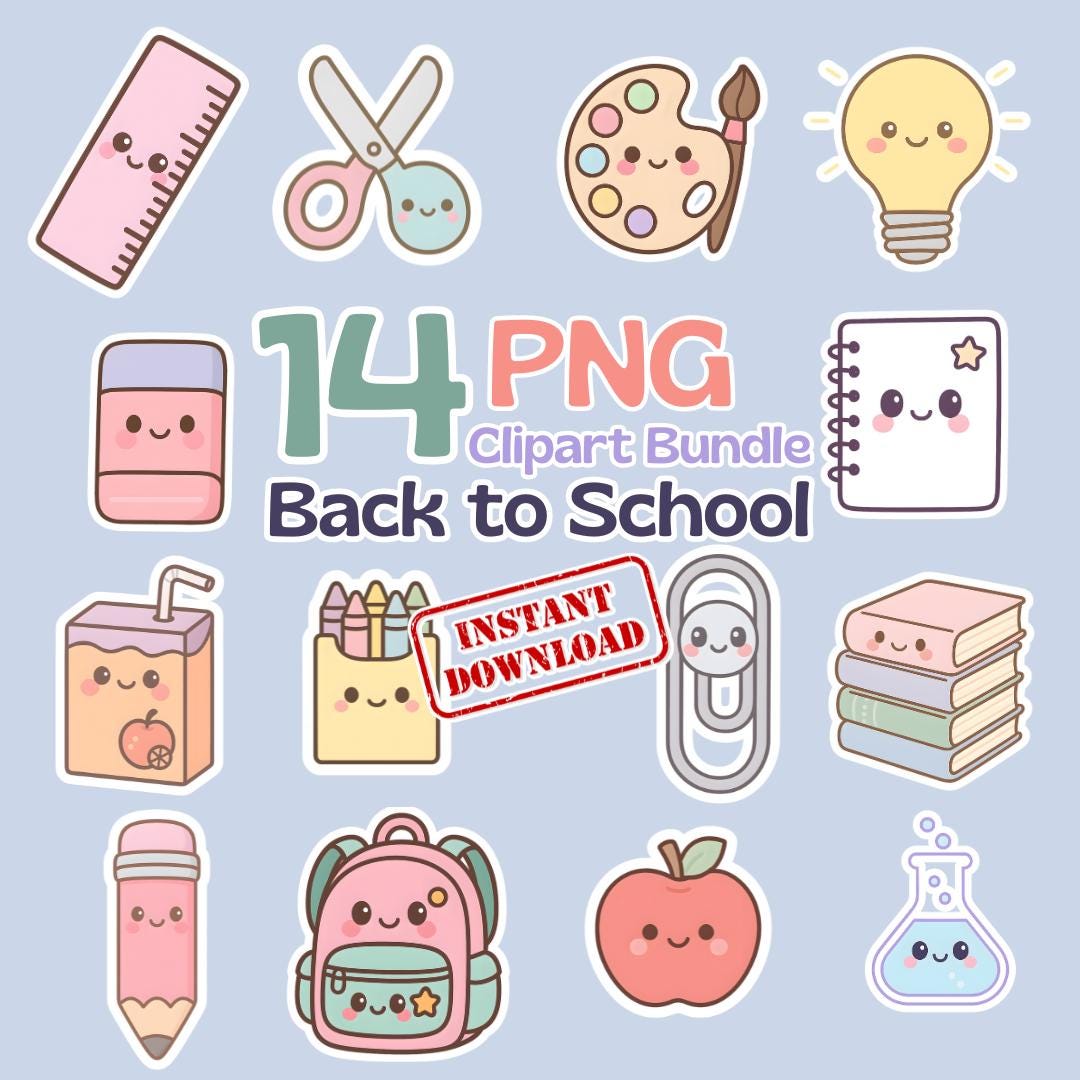 Pastel Back to School Clipart Bundle – 14 Cute PNGs for Teachers, notebook, clip, rubber, ruler, crayons, books, apple, chemical, backpack
