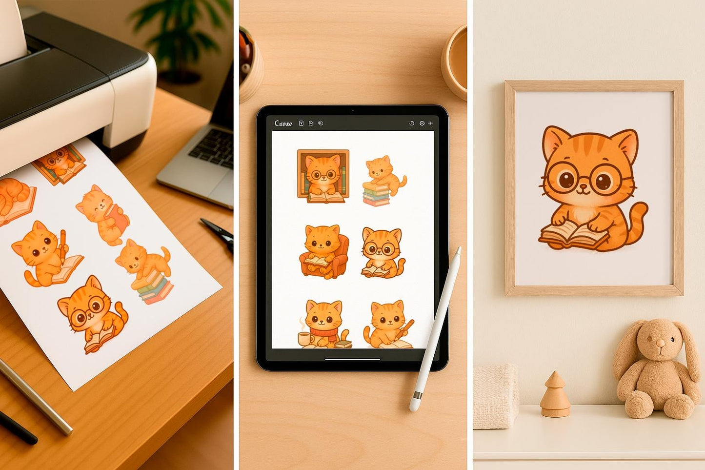 Pastel Watercolor Cat Clipart Bundle – Cozy Book Lover PNGs – Cute Reading Cat Illustrations, books, shelf, coffee, library, sofa