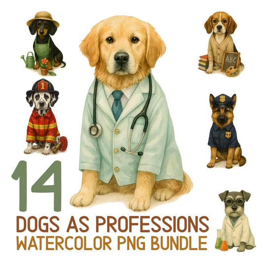 14 Watercolor Dog Professions Clipart Bundle -  | Dog Illustration Wall Art | Teacher, firefighter, Astronaut, scientist, gardener, cheff