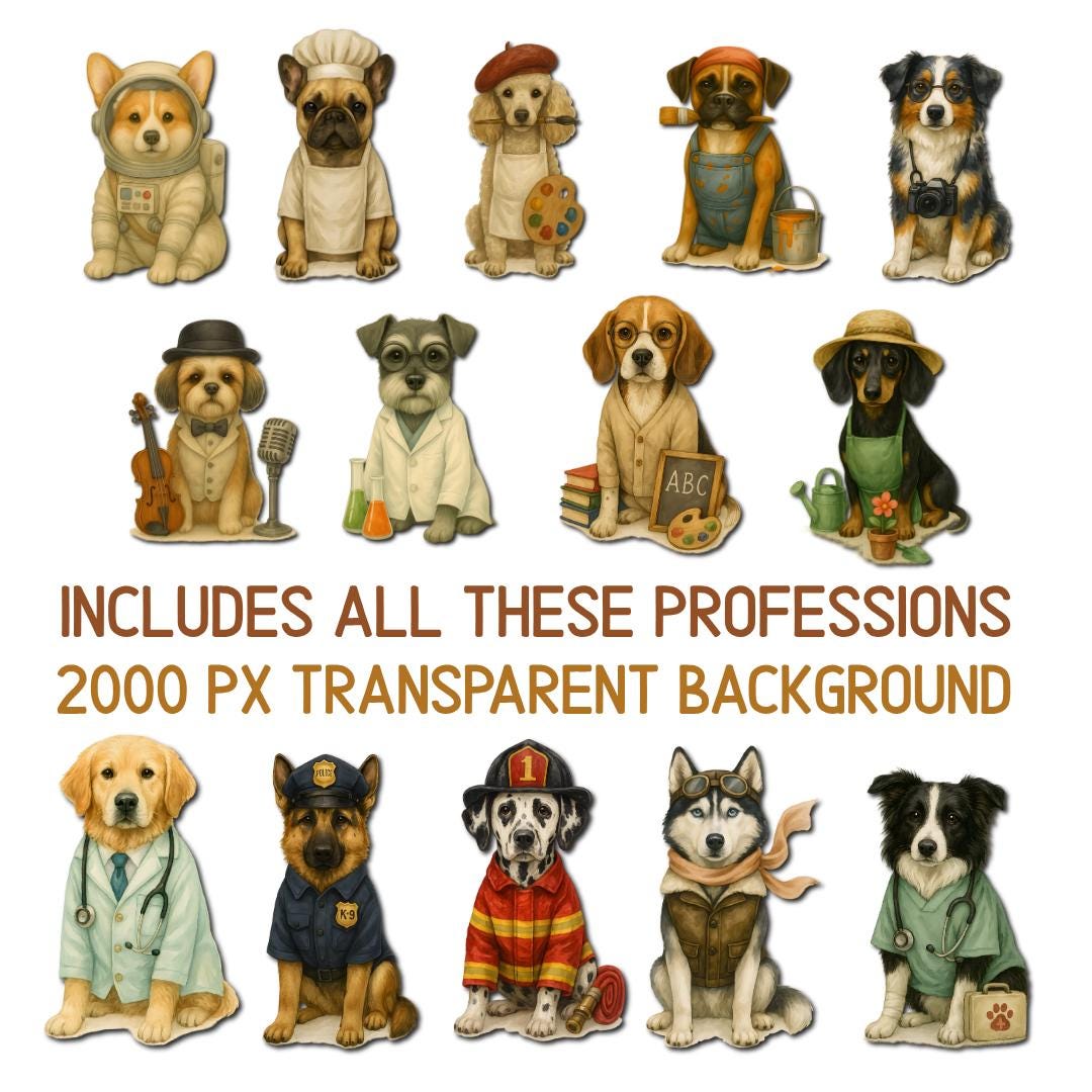 14 Watercolor Dog Professions Clipart Bundle -  | Dog Illustration Wall Art | Teacher, firefighter, Astronaut, scientist, gardener, cheff