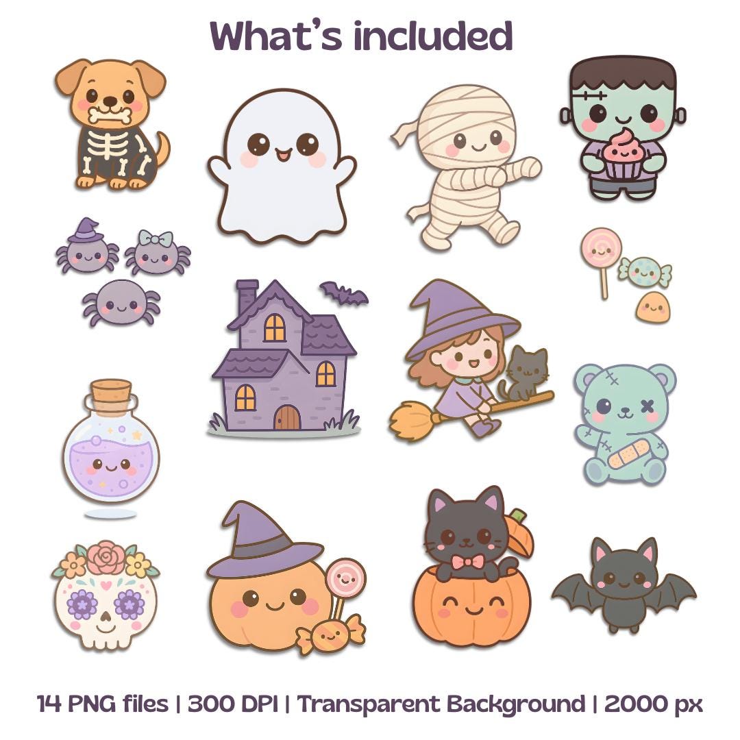 Chibi Kawaii Pastel Halloween Clipart Bundle for DIY Crafts – Ghost, Witch, Bat, Candy & More – High-Quality PNG Images