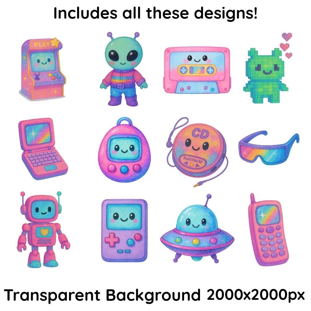 Y2K Watercolor Clipart Bundle – Cute Retro Aesthetic PNGs, Coquette & Chibi Style Stickers, 90s Pastel Art for Scrapbooking