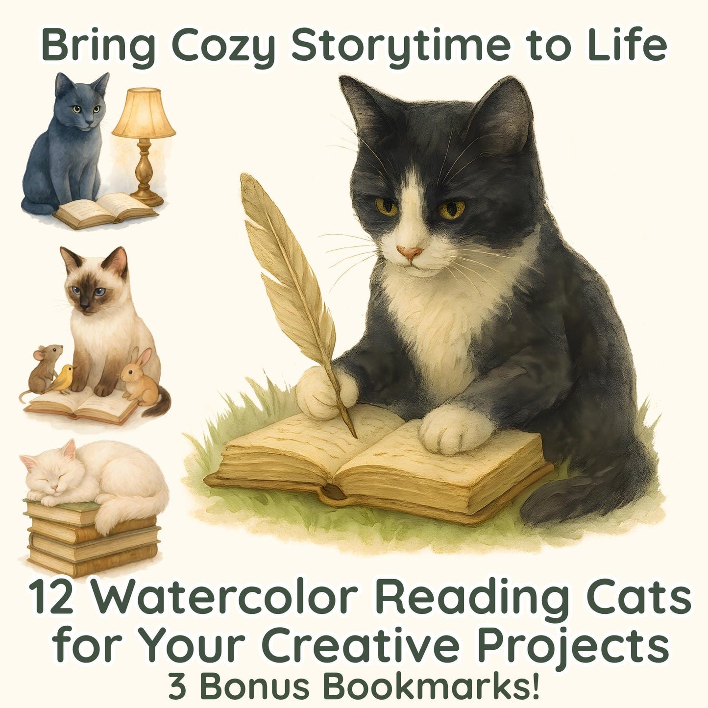 Watercolor Reading Cats Clipart Bundle – 12 Realistic Cat Illustrations + 3 Bonus Bookmarks | 300 DPI PNG | Cozy Bookish Aesthetic