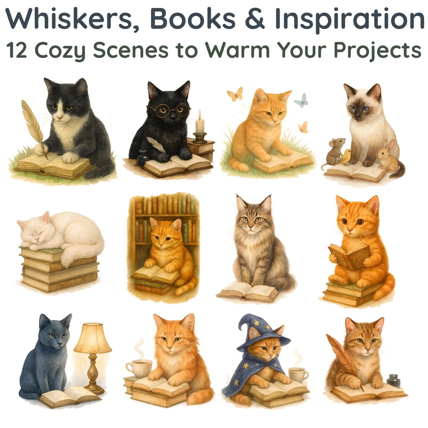 Watercolor Reading Cats Clipart Bundle – 12 Realistic Cat Illustrations + 3 Bonus Bookmarks | 300 DPI PNG | Cozy Bookish Aesthetic