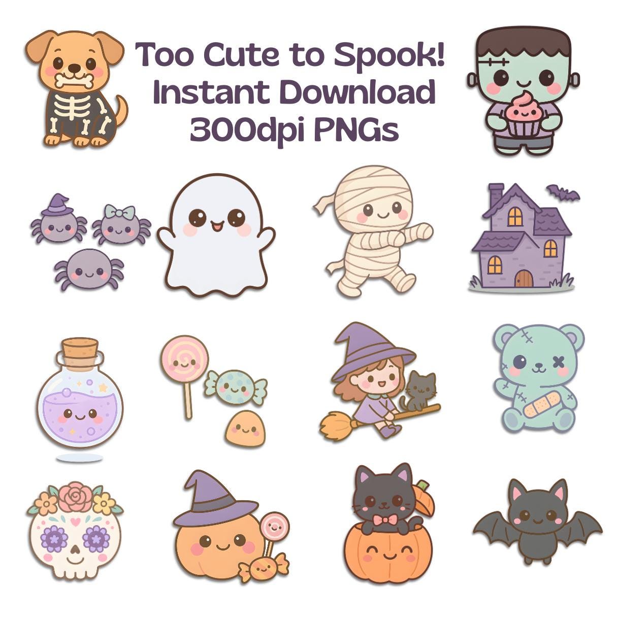 Pastel Goth Halloween Clipart Bundle – 15 Illustration PNGs with ghost, mummy, plushie, monster, pumpkin,bat, witch, candies, magic potion