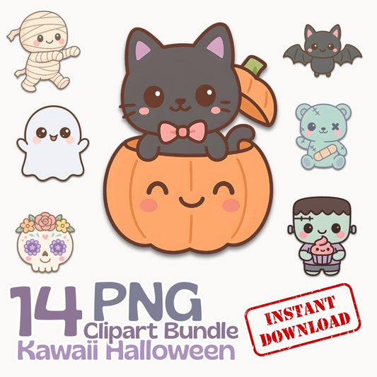 Pastel Goth Halloween Clipart Bundle – 15 Illustration PNGs with ghost, mummy, plushie, monster, pumpkin,bat, witch, candies, magic potion