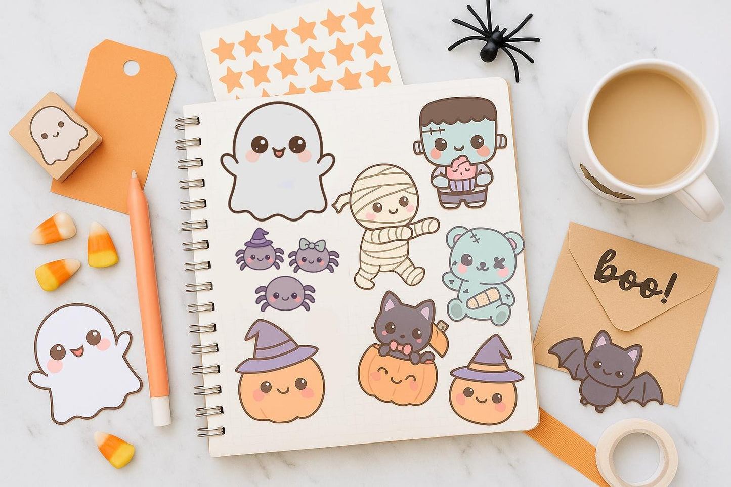Chibi Kawaii Pastel Halloween Clipart Bundle for DIY Crafts – Ghost, Witch, Bat, Candy & More – High-Quality PNG Images