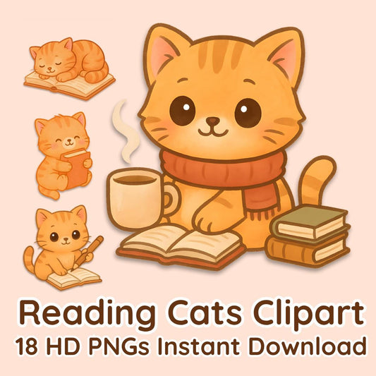 Pastel Watercolor Cat Clipart Bundle – Cozy Book Lover PNGs – Cute Reading Cat Illustrations, books, shelf, coffee, library, sofa