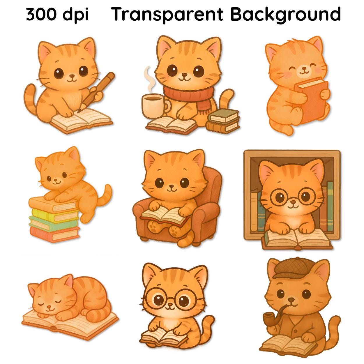 Pastel Watercolor Cat Clipart Bundle – Cozy Book Lover PNGs – Cute Reading Cat Illustrations, books, shelf, coffee, library, sofa
